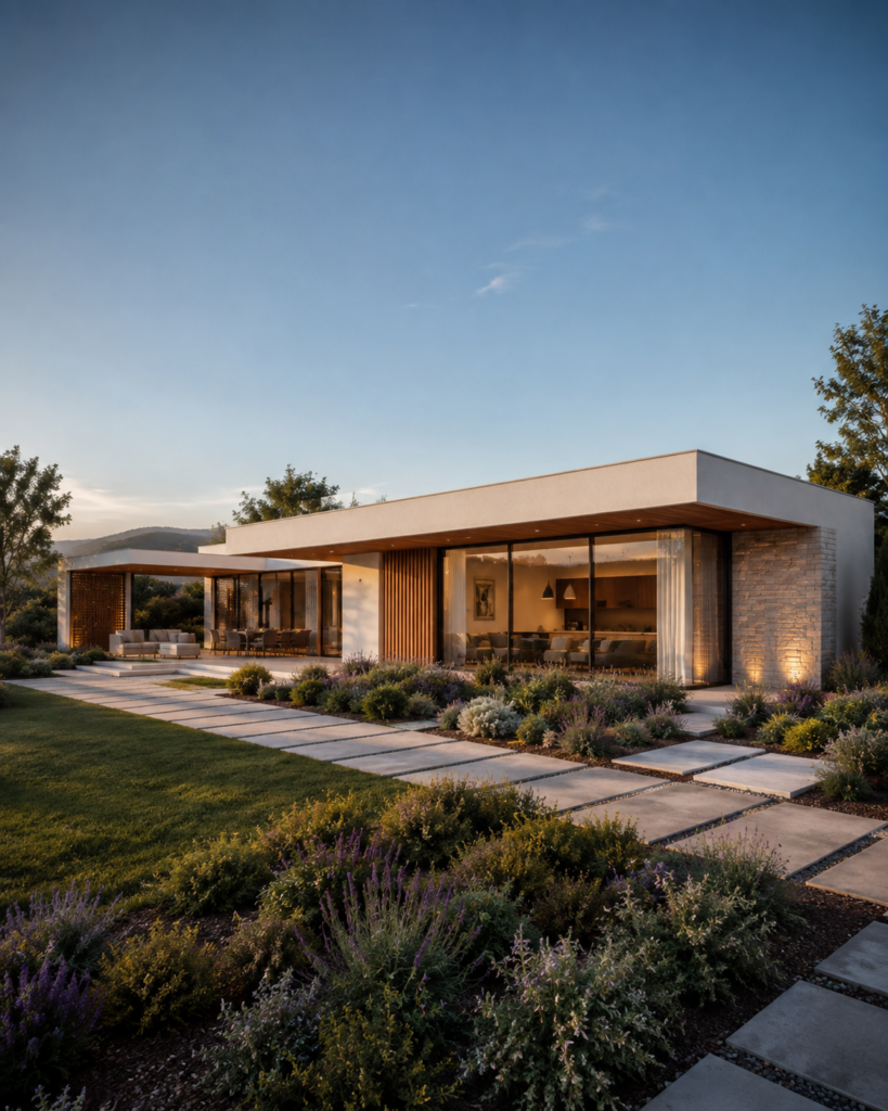 Vivienda modular de dos plantas con volúmenes superpuestos