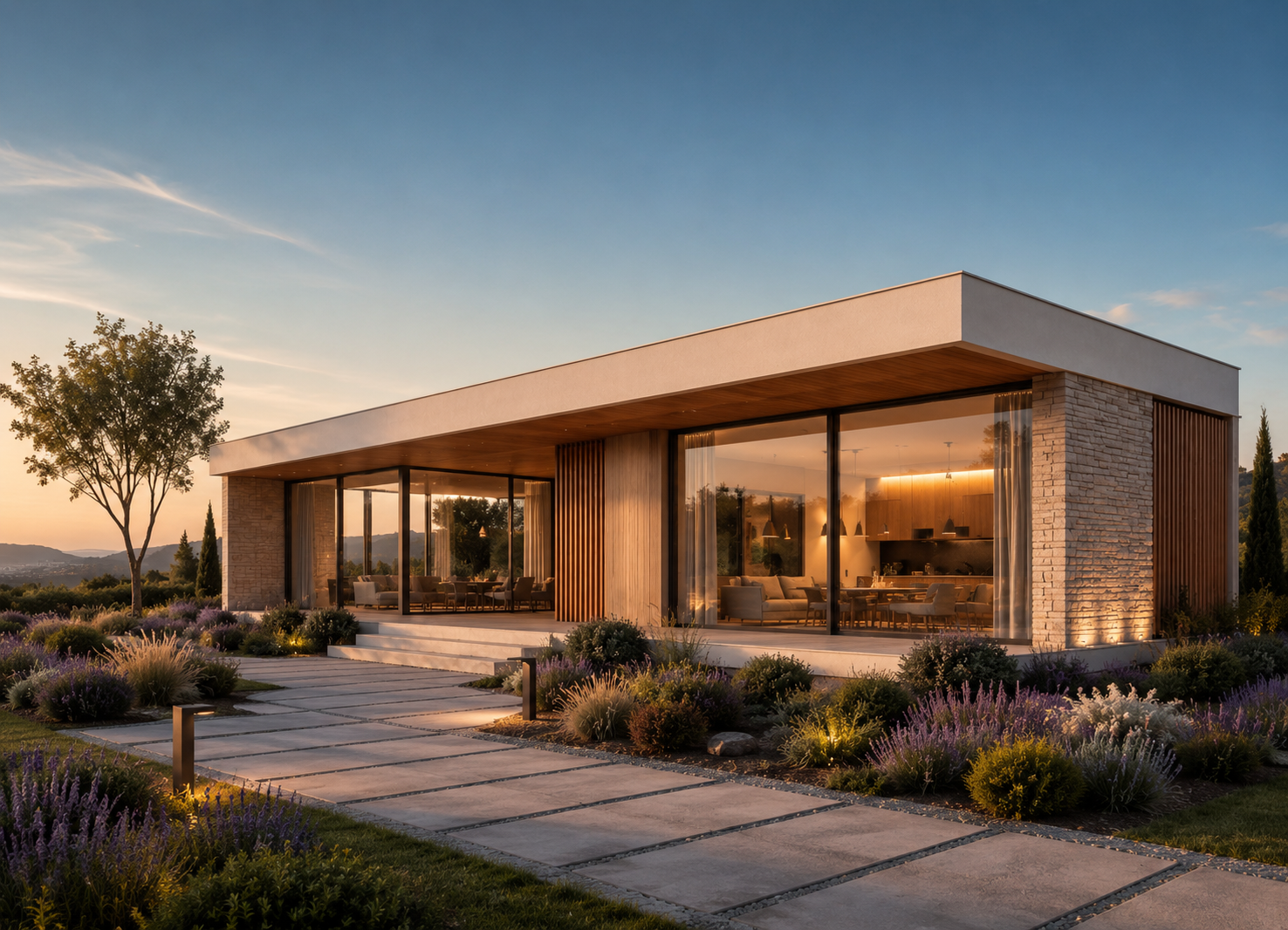 Casa prefabricada moderna con grandes superficies acristaladas