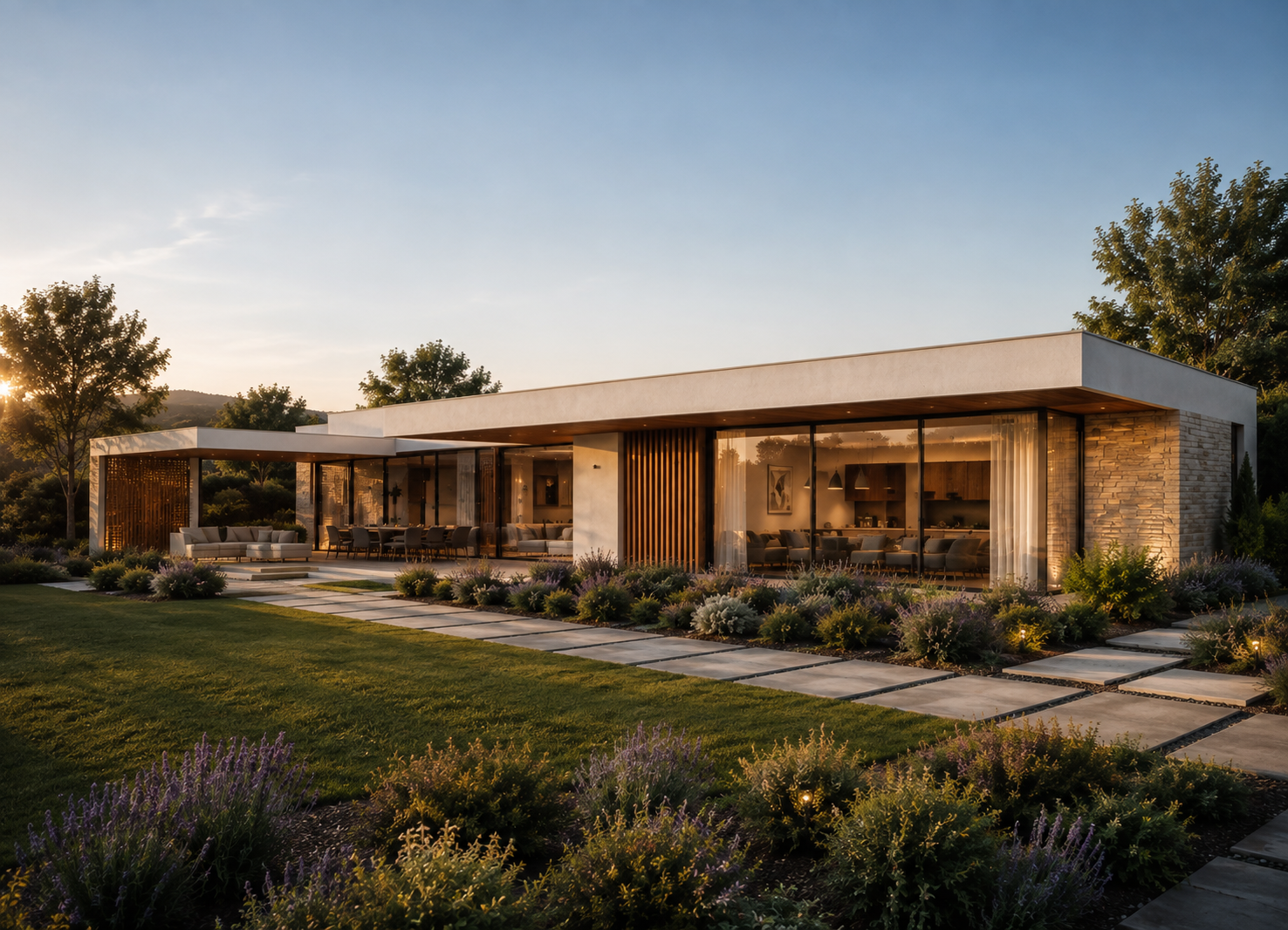Casa modular de una planta abierta hacia el jardín