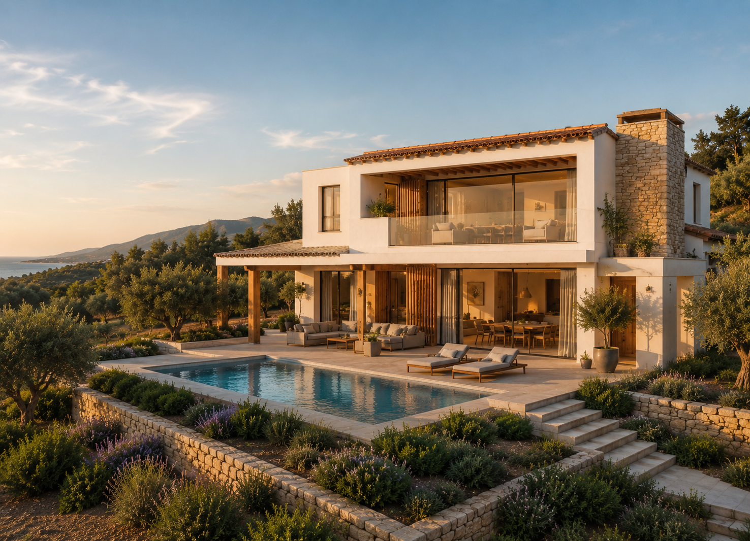 Casa prefabricada de inspiración mediterránea con porche