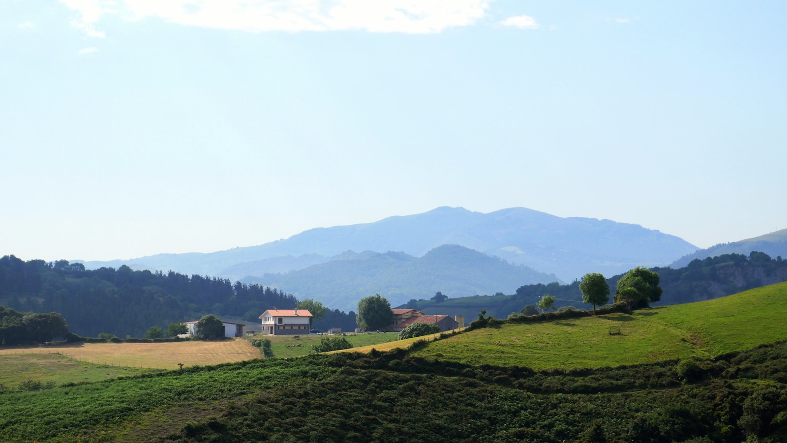 Paisaje rural del País Vasco con viviendas y colinas verdes