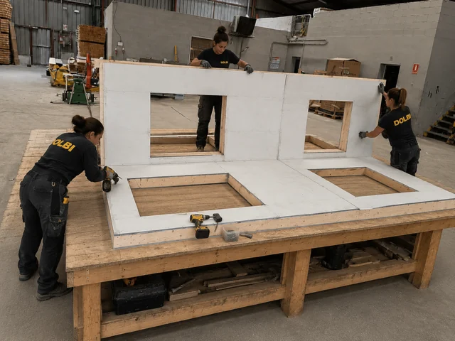 Equipo DOLBI trabajando con paneles sobre una mesa de montaje en el taller